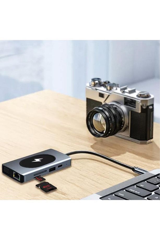 Type-c To Kablosuz Şarj Hdmı Vga Rj45 Sd Tf Card Usb 3.0 Aux 9 In 1 Port Görüntü Aktarıcı Adaptör - 4