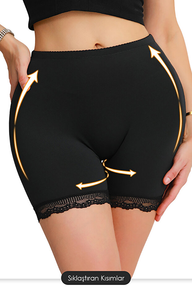 Kadın Siyah Pop Up Kalça Kaldırıcı ve Sekillendirici Dantel Paçalı Şort Külot - 3