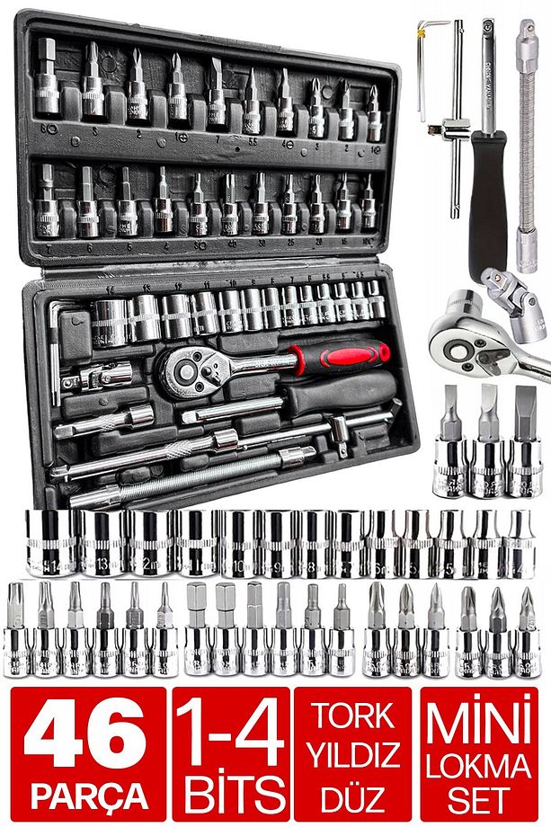 Yüksek Kalite 46 Parça Mini Lokma Takımı Otomatik Cırcırlı 1/4"   Kombinasyon Alet Seti - 1