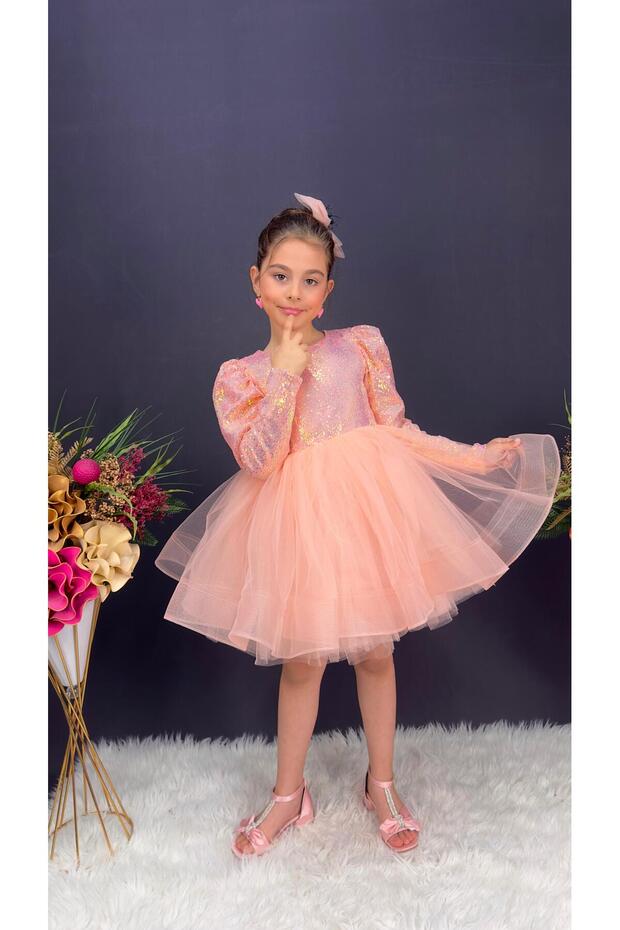 Salmon Color Fluffy Skirt Sequined Children's Dress Evening Dress - Slim Fit - Recommended for Purchasing for 2 Years Old and Older