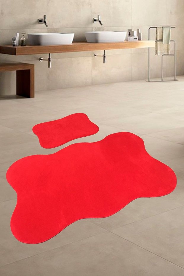 Asia 2-Piece Powder 80x140 50x70 Cm Large Size Bath Mat Set Non-Slip Base Toilet Seat Red