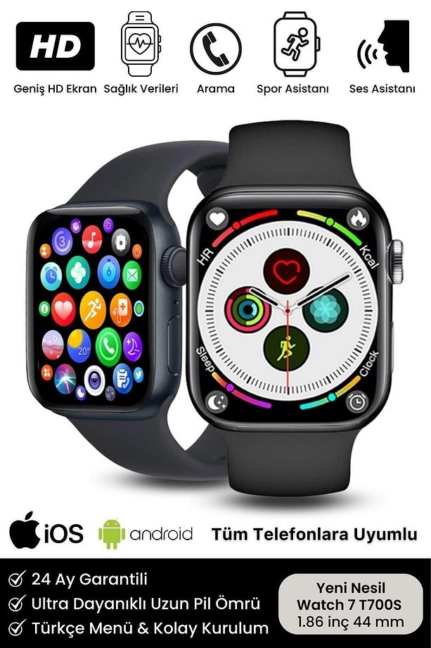 Watch 7 Ios Android Uyumlu Spor Ve Sağlık Sensörlü Bluetooth Aramalı T700 Max Siyah - 1