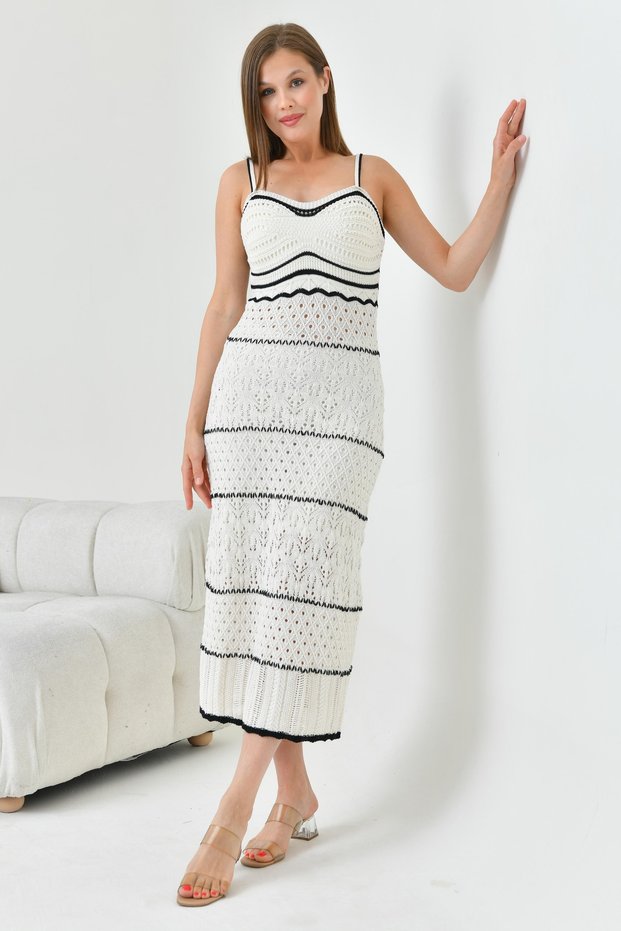 Women's Strappy Midi Length Unlined Sleeveless Beige Crochet Dress 1303