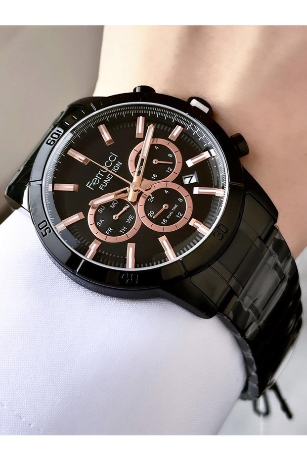 Men's Black Active Function Metal Cord Wristwatch - Numeral-Free Dial, Day and Calendar