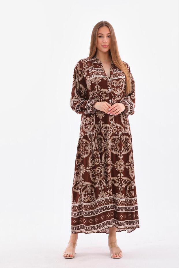 Women's Brown Button Detailed Placket Collar Ethnic Patterned Sleeve Elastic Balloon Sleeve Long Dress