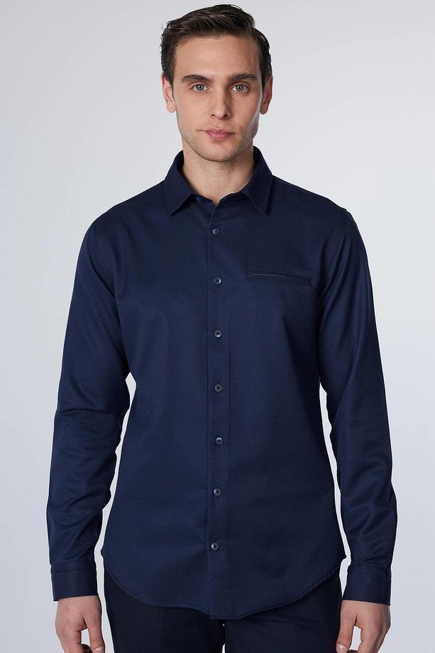 Slim Fit Uzun Kollu Dar Kesim Fleto Tek Cep Armürlü Pamuklu Lacivert Erkek Gömlek - 1