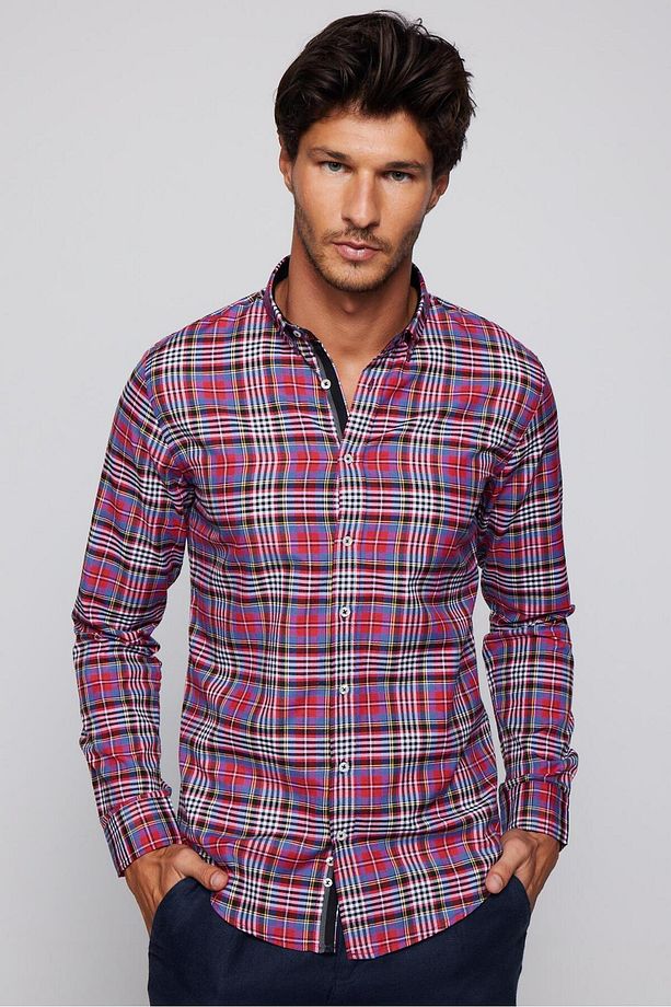 Slim Fit Uzun Kollu Düğmeli Yaka Kareli Pamuklu Kolay Ütü Erkek Gömlek - 1