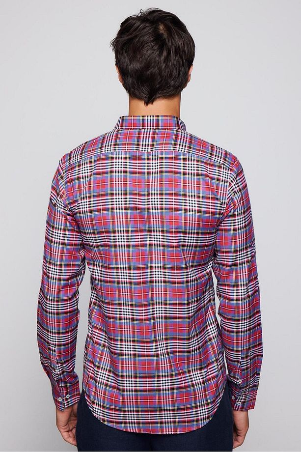 Slim Fit Uzun Kollu Düğmeli Yaka Kareli Pamuklu Kolay Ütü Erkek Gömlek - 5