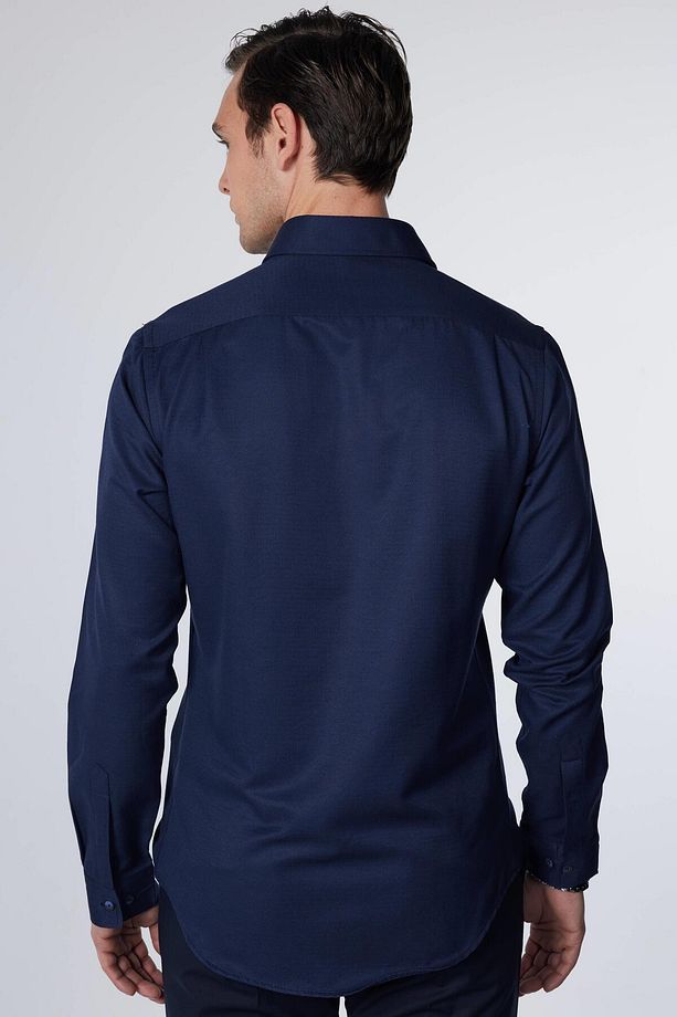 Slim Fit Uzun Kollu Dar Kesim Fleto Tek Cep Armürlü Pamuklu Lacivert Erkek Gömlek - 5