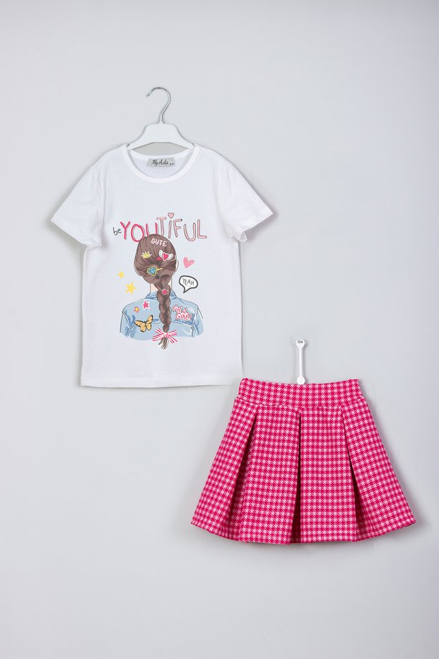 New Season Youtiful Written Braided Hair Printed T-Shirt Skirt Combination Set