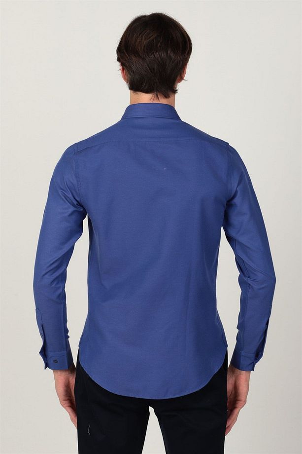 Slim Fit Uzun Kollu Düğmeli Yaka Pamuklu Kolay Ütü Düz Erkek Gömlek - 4