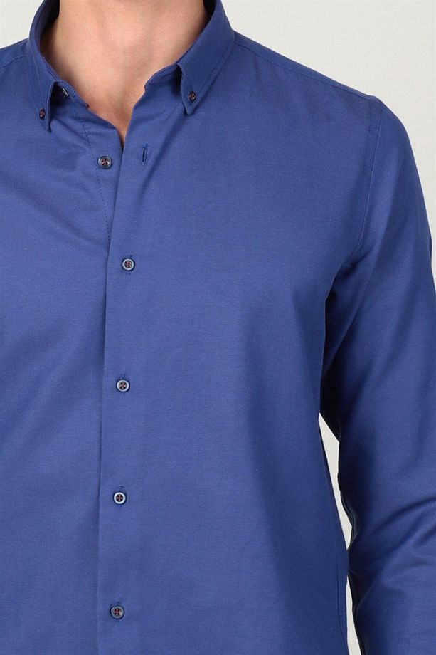 Slim Fit Uzun Kollu Düğmeli Yaka Pamuklu Kolay Ütü Düz Erkek Gömlek - 3