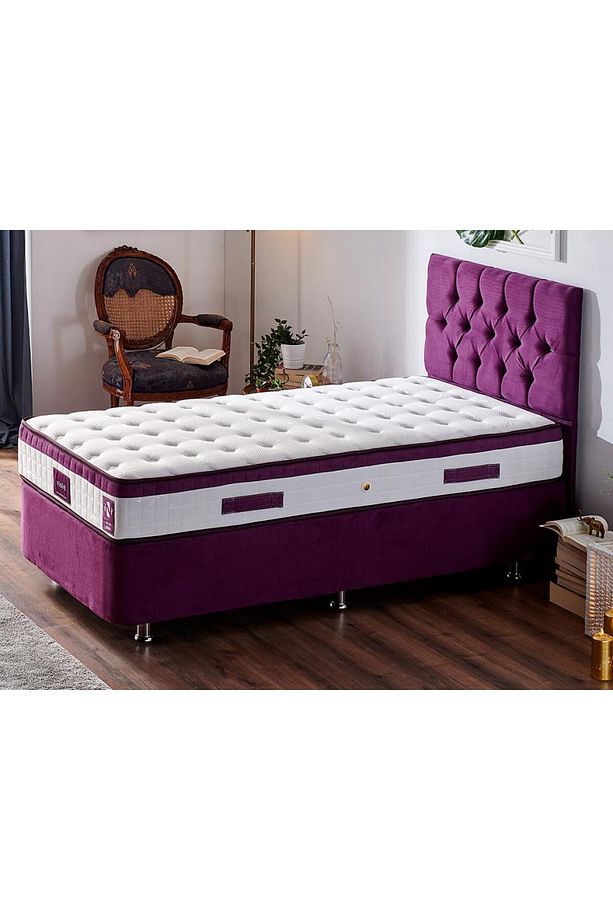 Violet Yatak Seti Tek Kişilik Yatak Baza Başlık Takımı, Orta Sert Yatak Mor Baza Ve Taşlı Başlık - 1