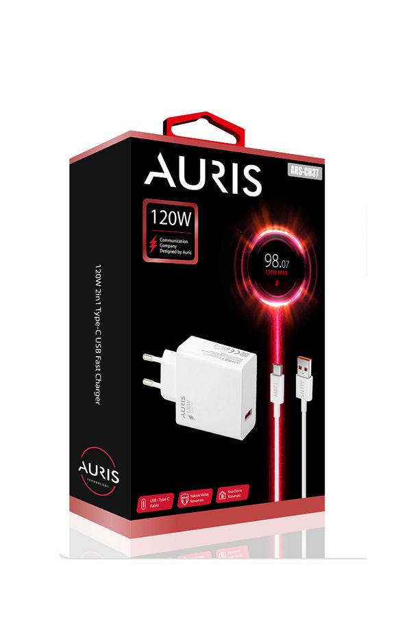 Auris 120 Watt USB to Type C Yüksek Hızlı Şarj Aleti Seti 120 W USB Başlık + Type C Kablo Saliseli - 1