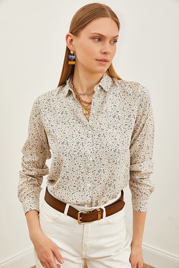 Women's Beige White Patterned Woven Viscose Shirt GML-19001204