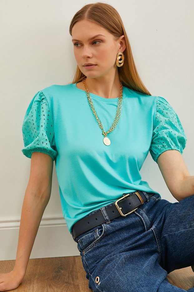 Women's Mint Green Sleeve Balloon Scallop Detailed Knitted Viscose Blouse BLZ-19002598