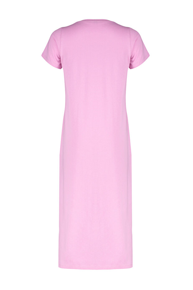 Pembe Düz T-shirt Elbise Cep Midi Örme Elbise TWOSS24EL00169 - 8