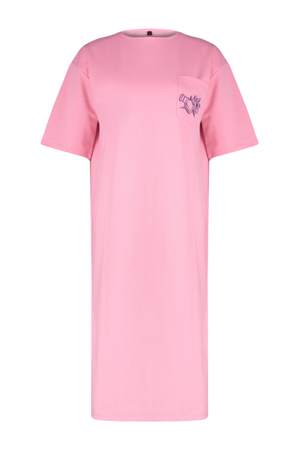 Pembe Nakışlı Relaxed/Rahat Kesim Bisiklet Yaka Midi Örme Elbise TWOSS21EL0175 - 7