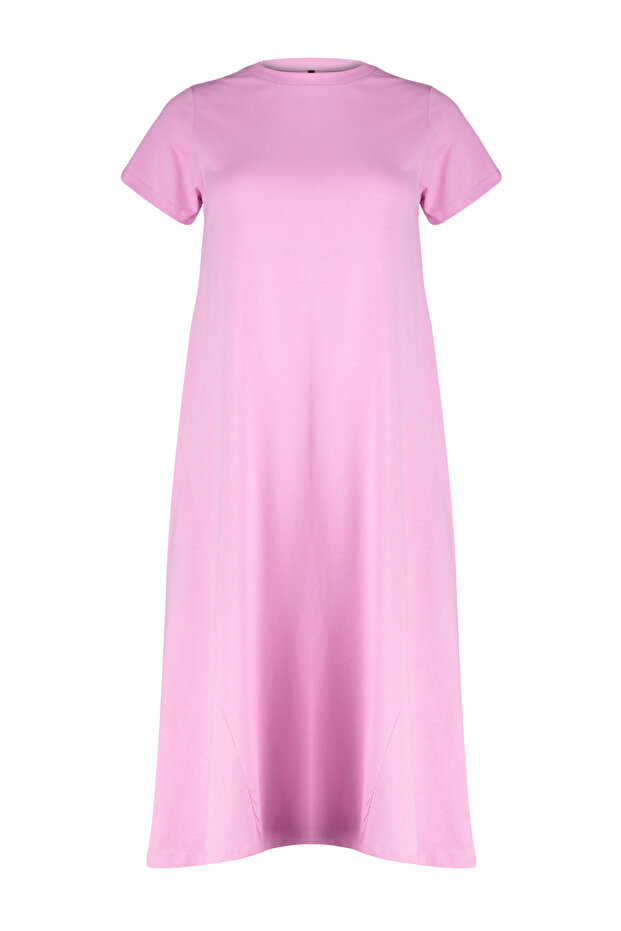 Pembe Düz T-shirt Elbise Cep Midi Örme Elbise TWOSS24EL00169 - 7