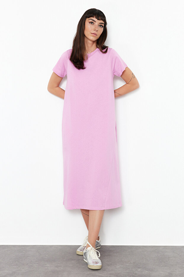 Pembe Düz T-shirt Elbise Cep Midi Örme Elbise TWOSS24EL00169 - 3