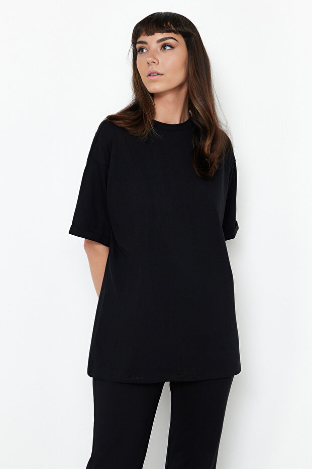 Siyah %100 Pamuk Oversize Kalıp İspanyol Paça Örme T-shirt/Pantolon Alt-Üst Takım TWOSS24AU00059 - 3