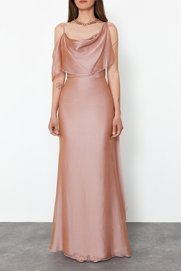 Carmen gallérú rózsaszín sifon hosszú estélyi ruha - TPRSS24AE00137 - 4