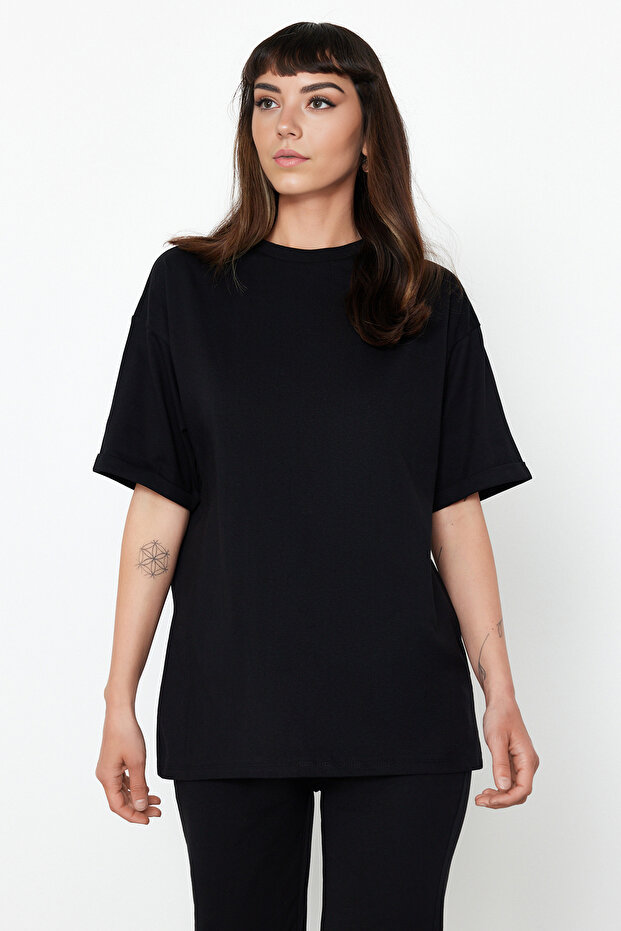 Siyah %100 Pamuk Oversize Kalıp İspanyol Paça Örme T-shirt/Pantolon Alt-Üst Takım TWOSS24AU00059 - 2