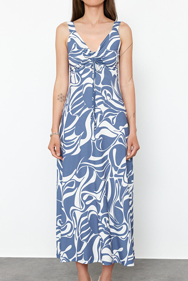 Indigo Fitted/Vücuda Oturan Büzgü Detaylı Kolsuz Esnek Örme Maxi Elbise TWOSS24EL00788 - 5