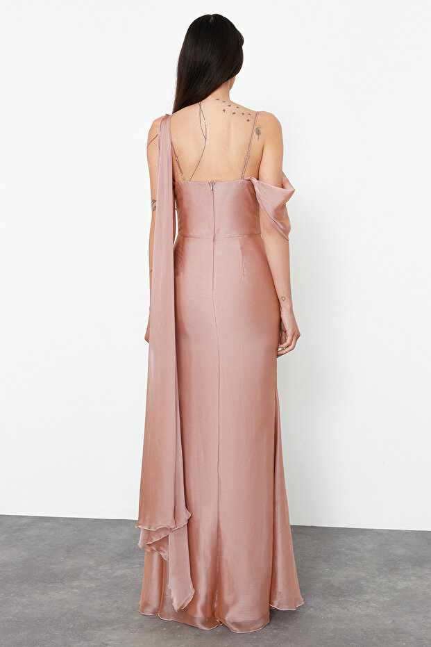 Carmen gallérú rózsaszín sifon hosszú estélyi ruha - TPRSS24AE00137 - 6