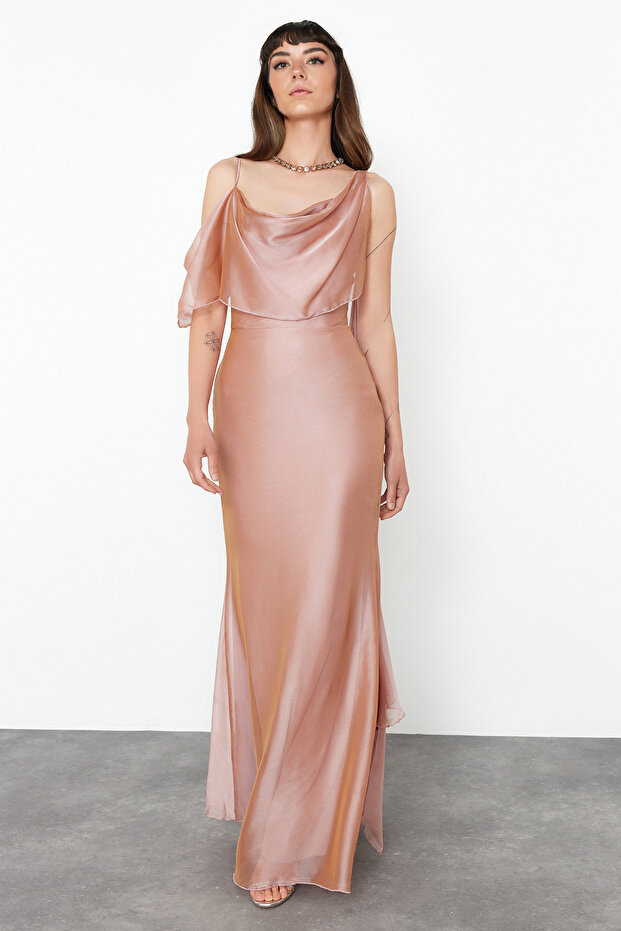 Carmen gallérú rózsaszín sifon hosszú estélyi ruha - TPRSS24AE00137 - 3