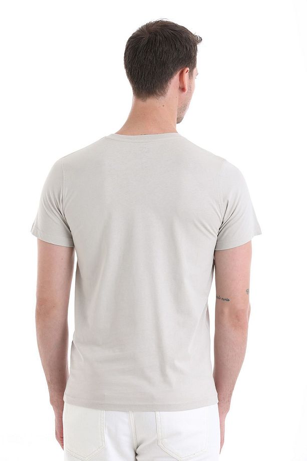 Ekru Regular Fit Düz 100% Pamuklu V Yaka Tişört - 6
