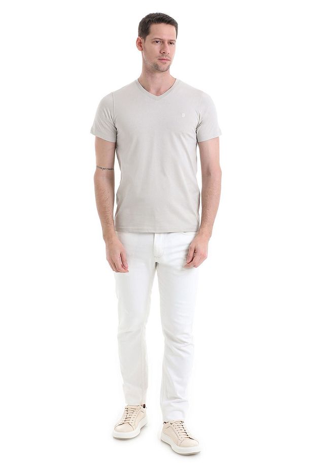 Ekru Regular Fit Düz 100% Pamuklu V Yaka Tişört - 2