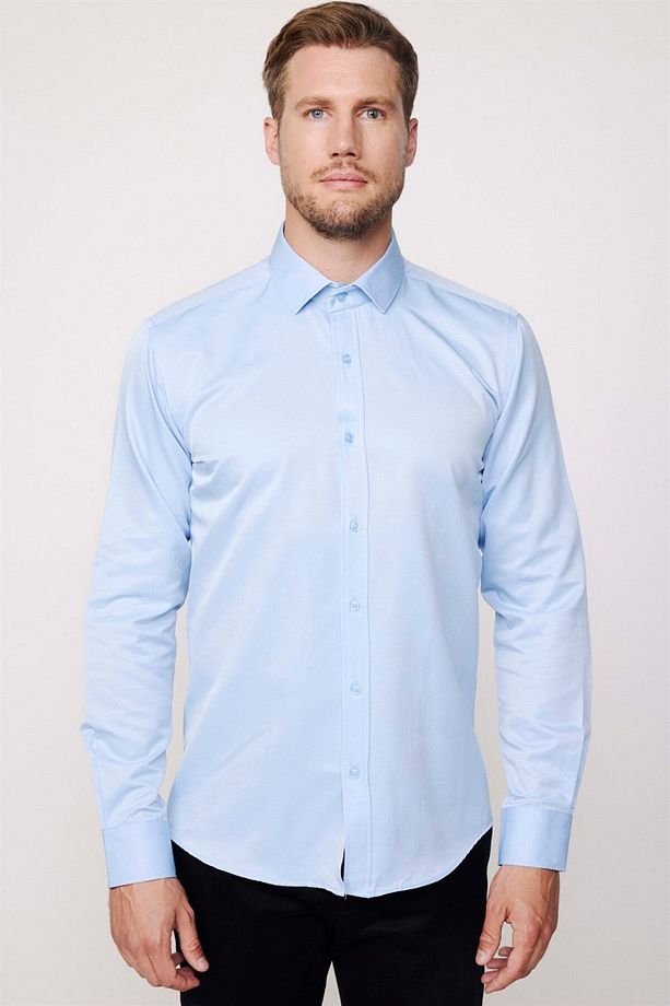 Modern Slim Fit Uzun Kollu Düz Saten Pamuklu Erkek Mavi Gömlek - 3