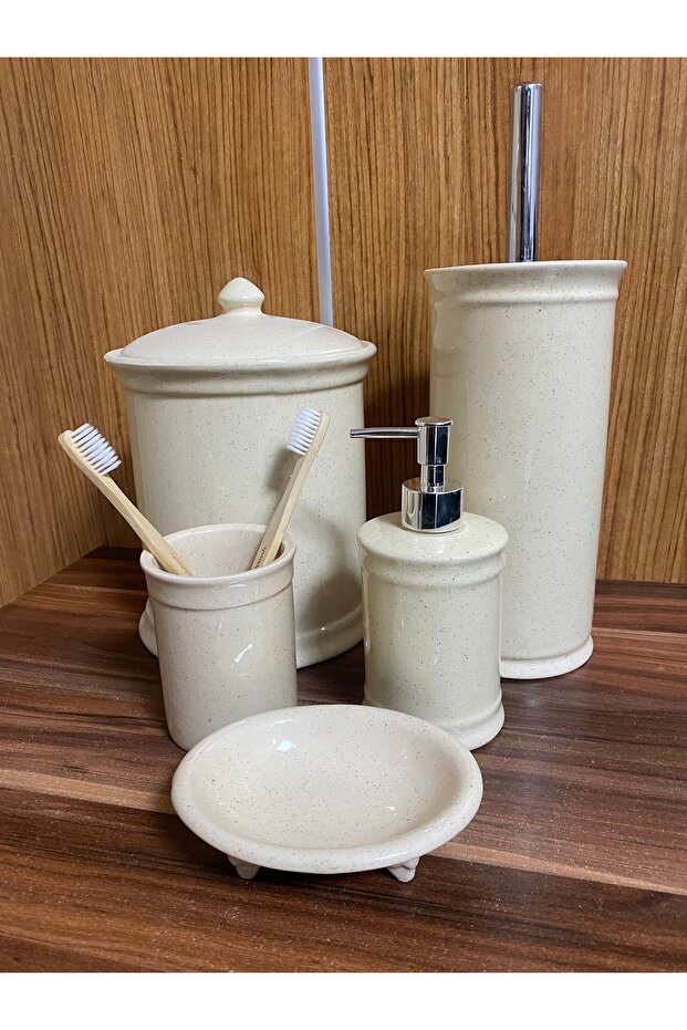 Ceramic Violine Beige Glitter 5 Piece Bathroom Set