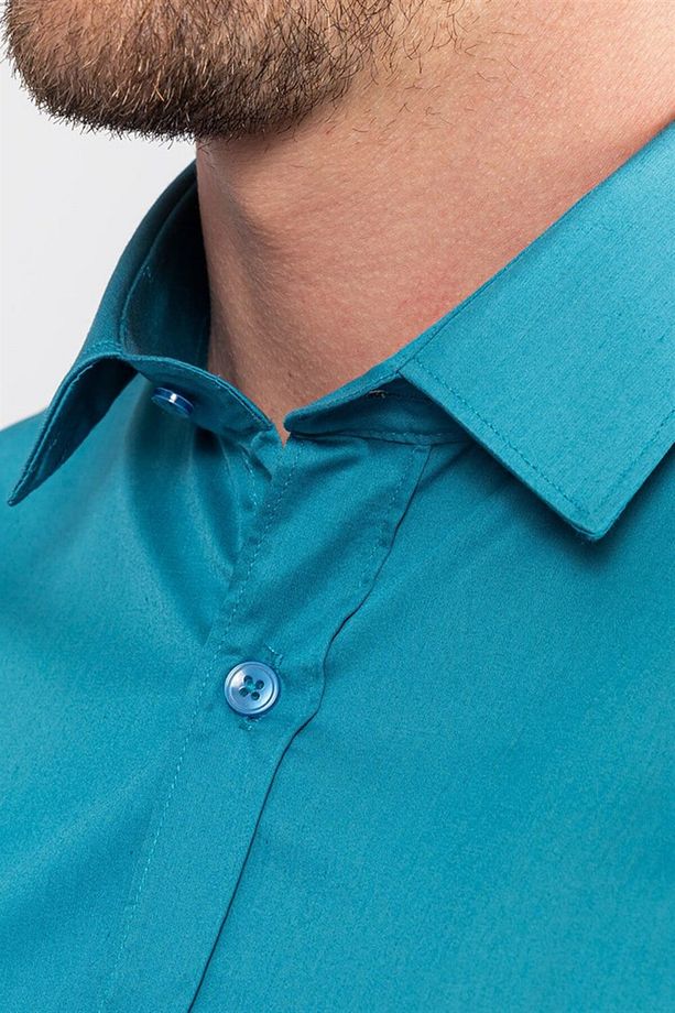 Slim Fit Uzun Kollu Düz Ince Pamuk Saten Erkek Petrol Gömlek - 3