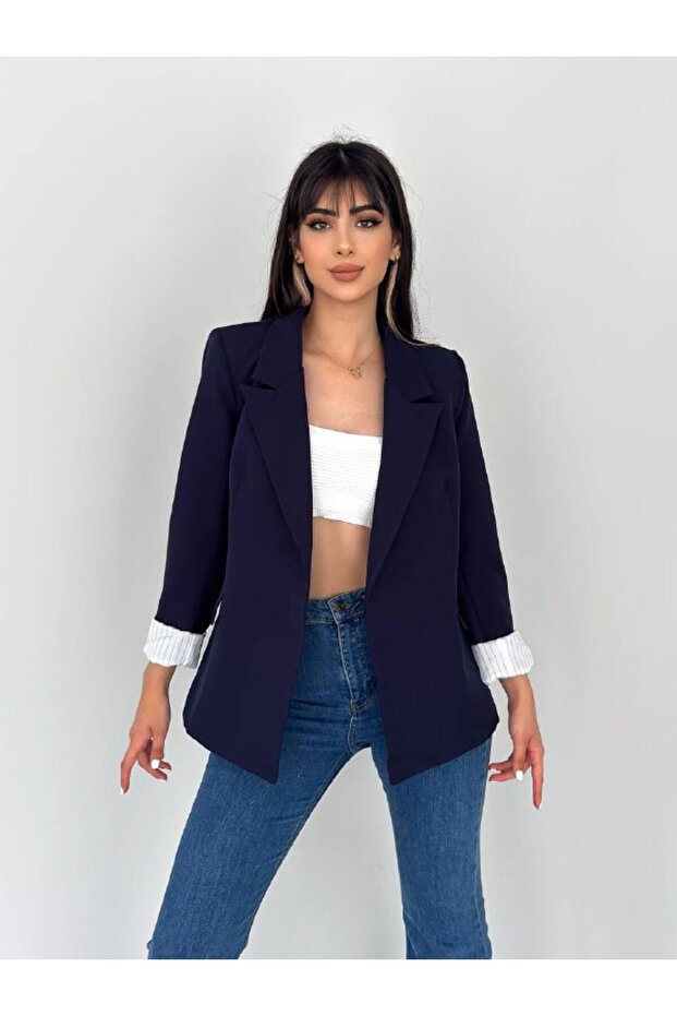 Women's Striped Double Breasted Blazer Jacket - Buttonless and Foldable Sleeve