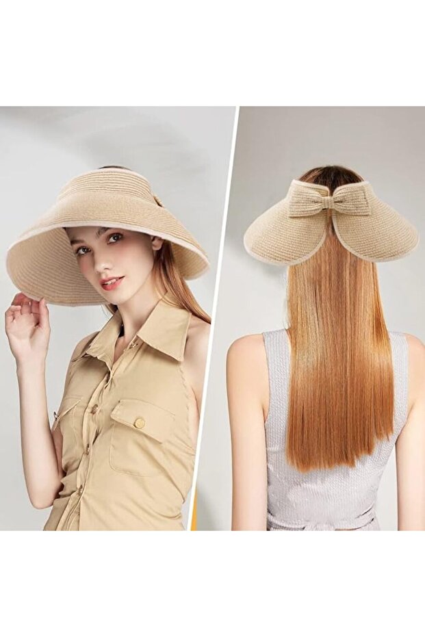 Women's Wide Brim UV Protection Bow Straw Visor Hat