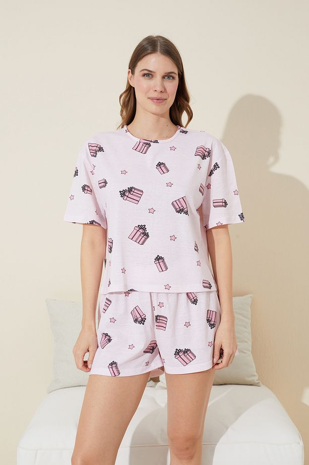 pembe hediye kutusu desenli Örme Şort-Pijama Takım - 1