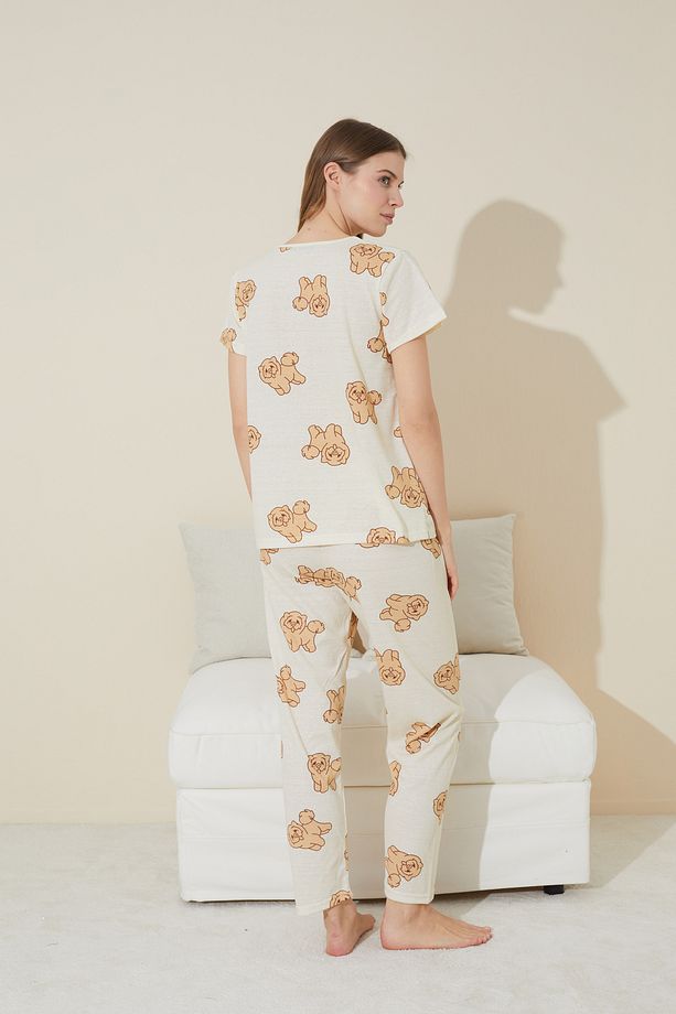açık sarı köpek desenli Örme Pijama Takım - 3