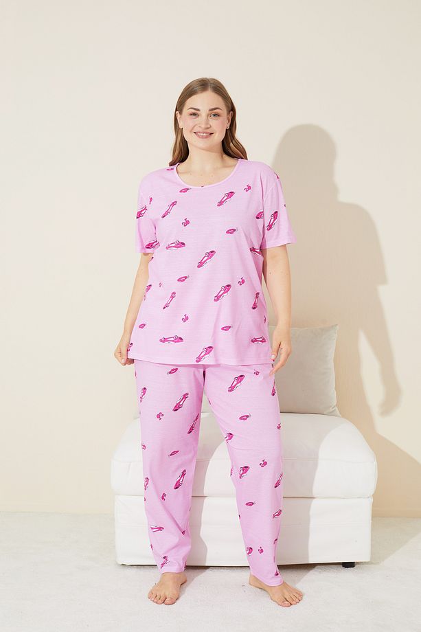 pembe araba desenli Örme Curve Büyük Beden Battal Boy Pijama Takımı - 2