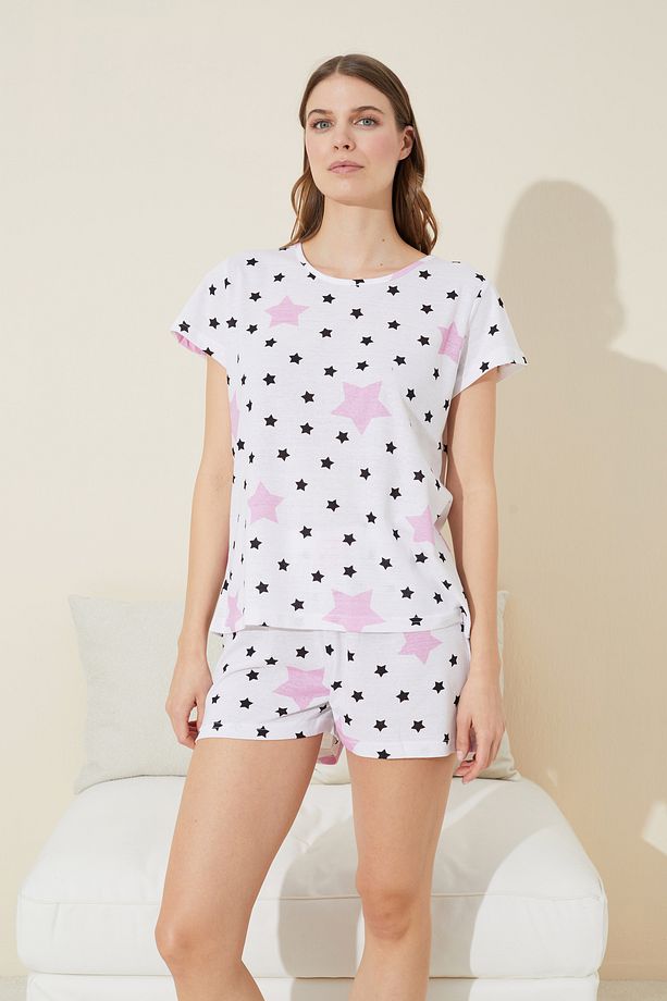 beyaz renkli yıldız desenli Örme Şort-Pijama Takım - 1