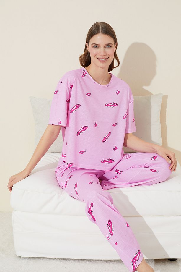 pembe araba desenli Örme Pijama Takım - 1