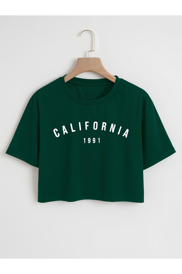 Women's Oversize Crew Neck California Printed Crop T-shirt