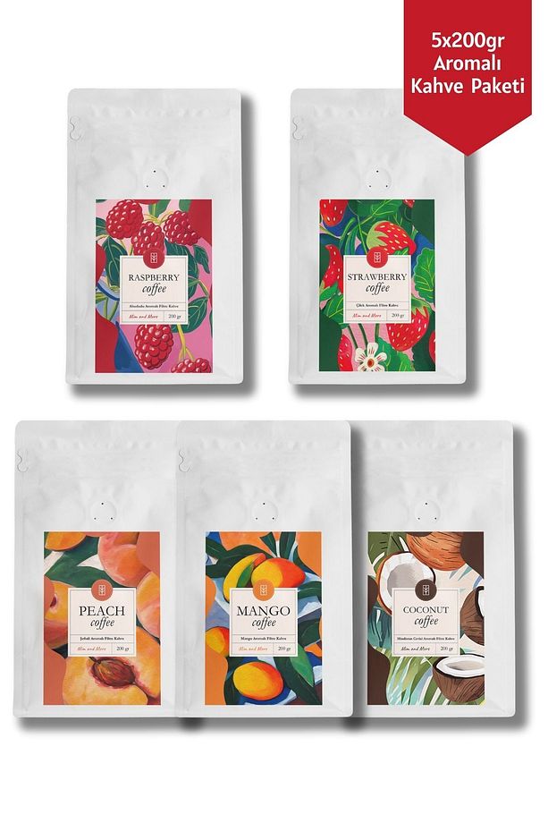 5x200gr Raspberry, Strawberry, Peach, Mango, Coconut Aromalı Kahve Paketi - 1