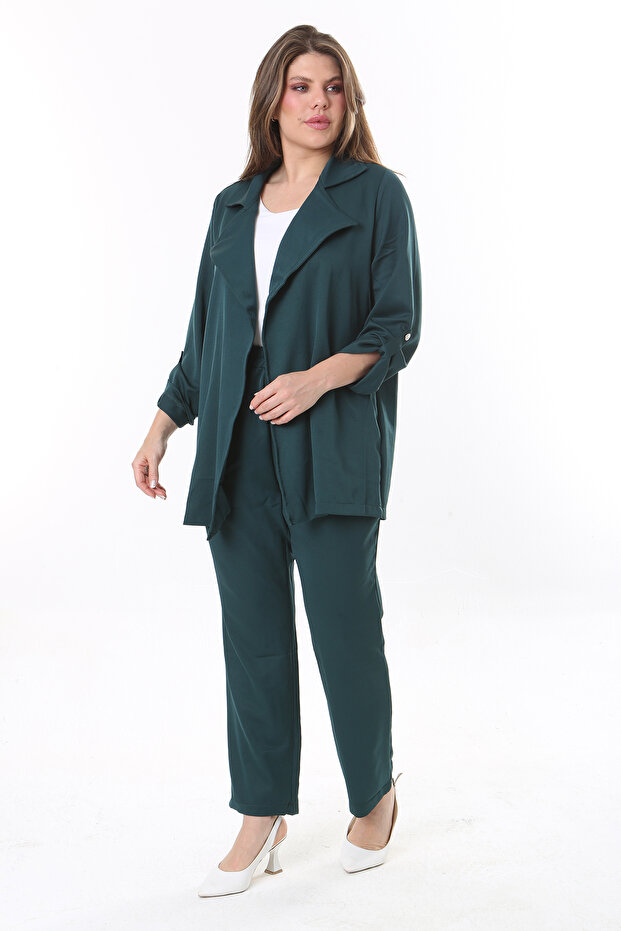 Women's Plus Size Green Sleeve-Length Adjustable Unlined Jacket and Elastic Waist Trousers Set 65N37779