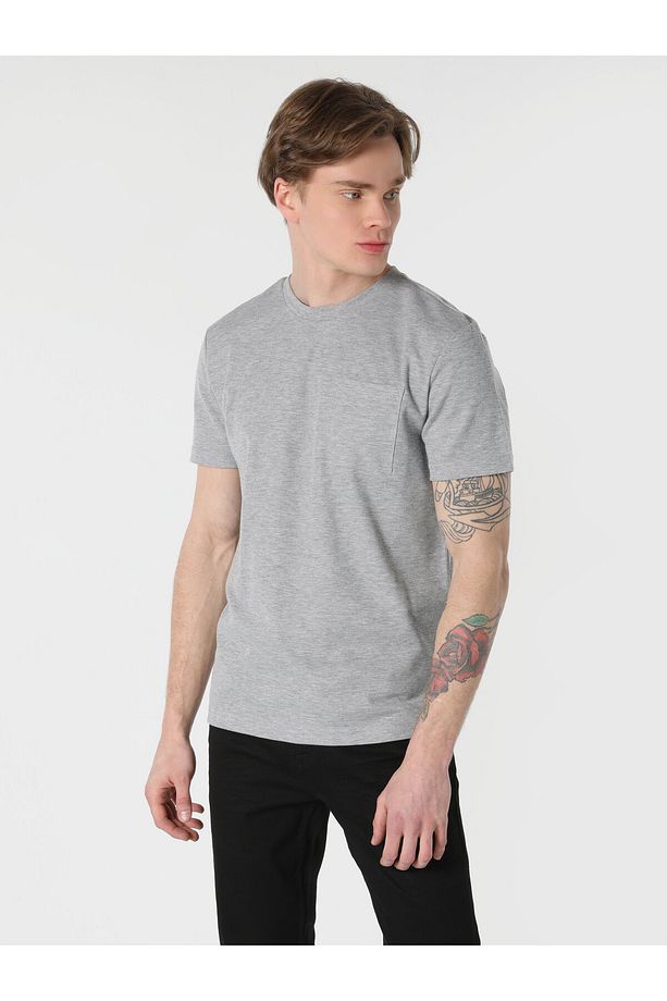Regular Fit Bisiklet Yaka Basic Gri Erkek Kısa Kol Tişört Cl1062813 - 4