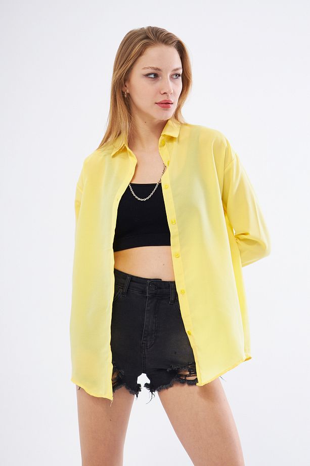 Kadın Sarı Oversize Uzun Basic Gömlek - 3