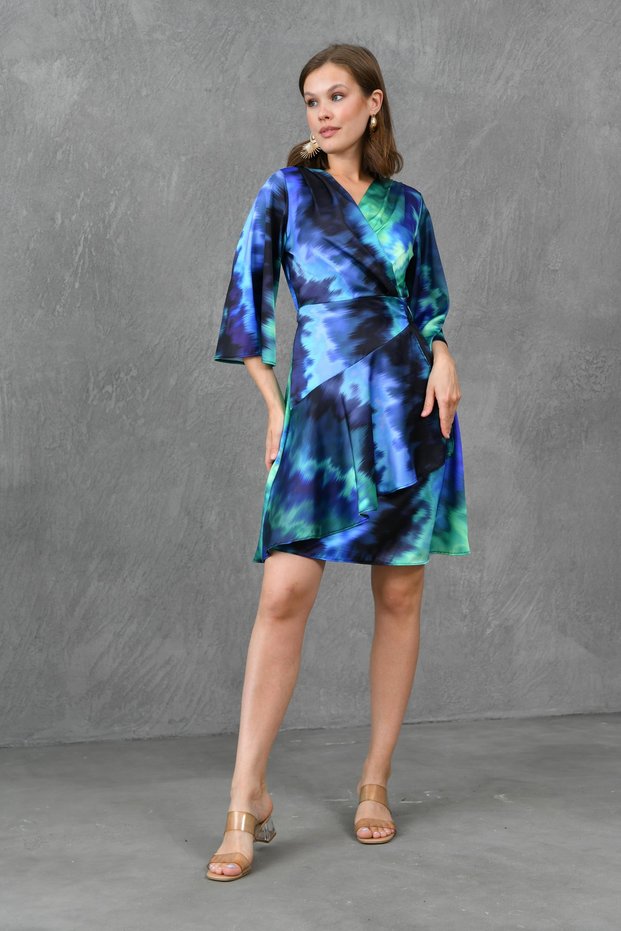 Printed Satin Fabric Sash Detailed Wrap Cut Double Breasted Collar Short Bat Sleeve Satin Dress 24Y2261