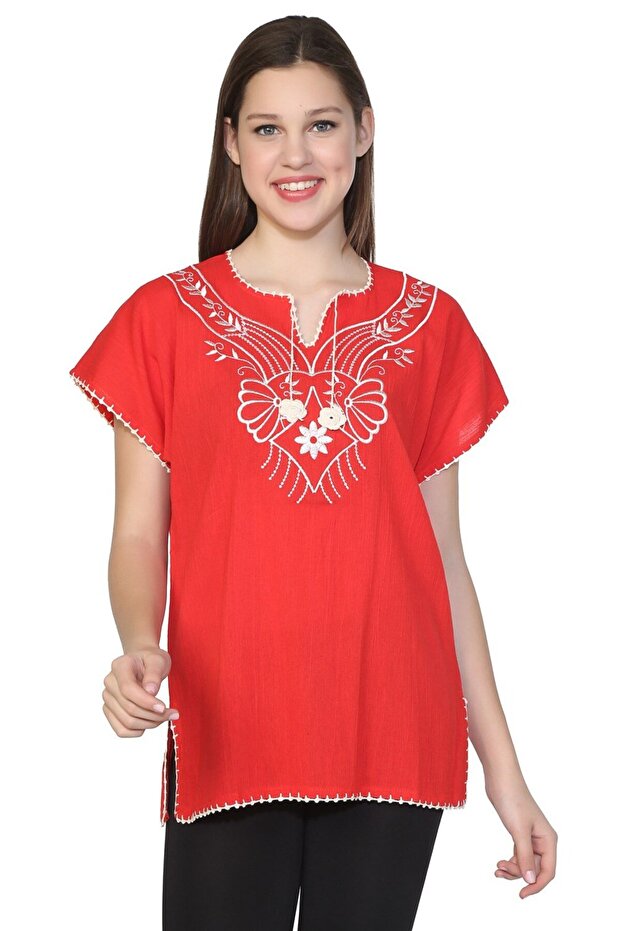 Short Sleeve Şile Bezi Naz Summer Blouse Red Krmz
