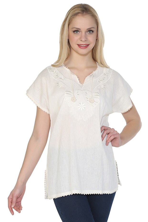 Short Sleeve Şile Cloth Naz Summer Blouse Cream Krm